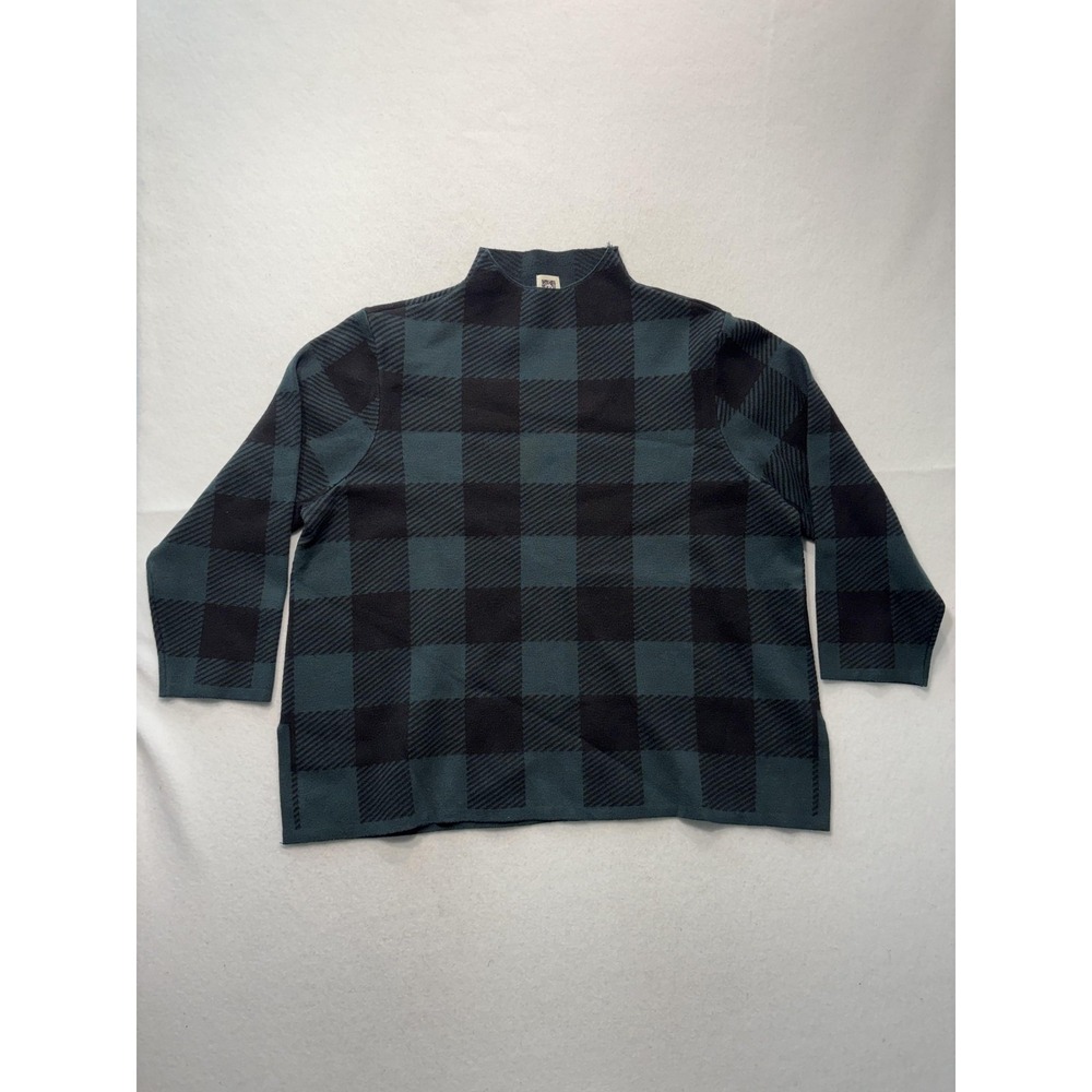 Anne Klein Sweater Womens XL Green Plaid Mock Neck 3/4 Sleeve Knit Pullover